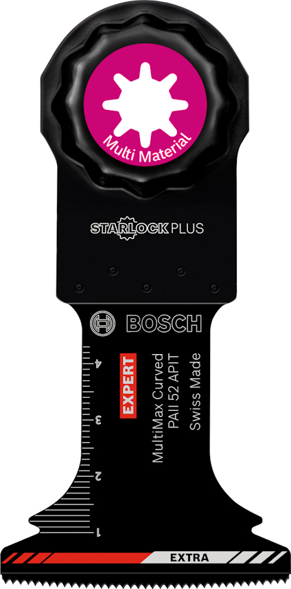 Multimaterial-sågblad från Bosch med Starlock Plus-fäste, märkning "EXPERT" och texten "Swiss Made".