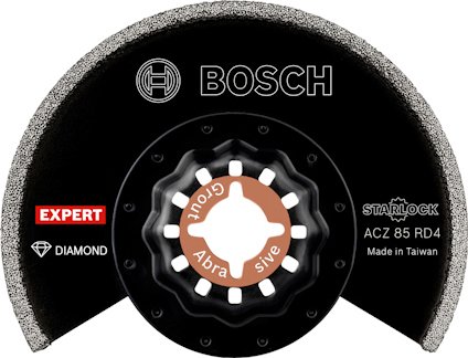 Svart Bosch sågklinga med text: "EXPERT", "DIAMOND", "STARLOCK ACZ 85 RD4", "Made in Taiwan".