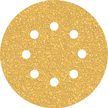Rund sandpappersskiva med sex hål, gul och grovkornig yta.