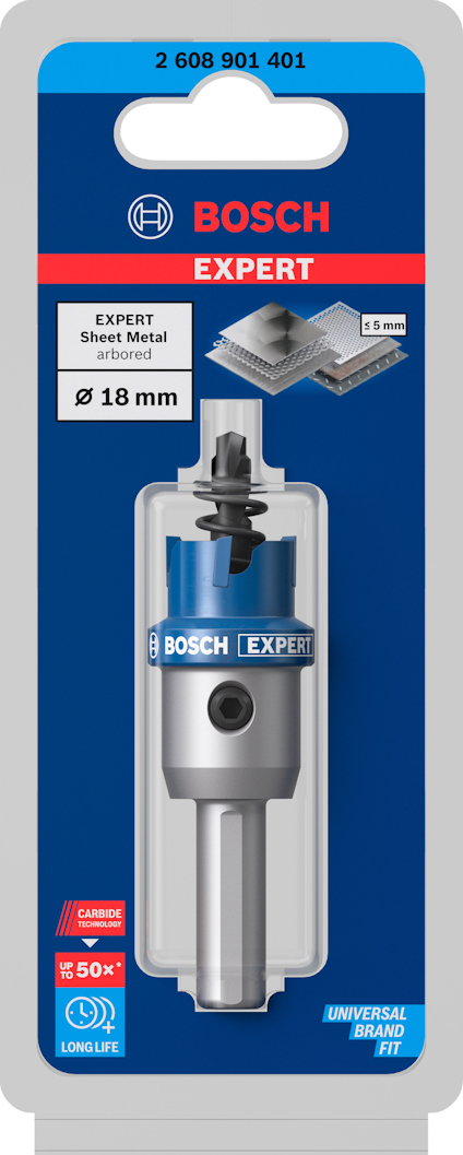 Förpackning med Bosch Expert-hålsåg för plåt, diameter 18 mm, med "Carbide Technology" och "50x Longlife".