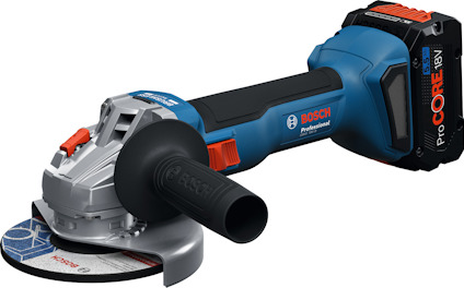 Batteridriven vinkelslip med ProCORE18V-batteri, Bosch Professional-märke, blå och svart design.