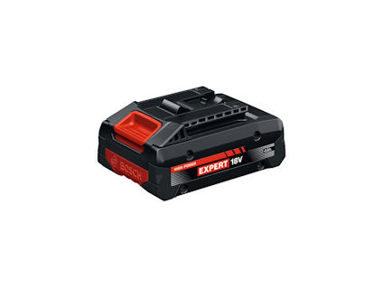 Svart och rött Bosch Expert 18V batteri, märkt med logotyp och text.