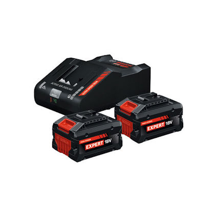 Svart batteriladdare och två svarta 18V batterier märkta "EXPERT".