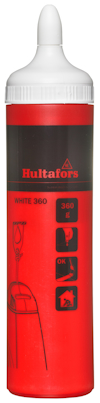 Röd kritflaska med vit kork och texten "Hultafors WHITE 360" med ikoner för olika användningsområden.
