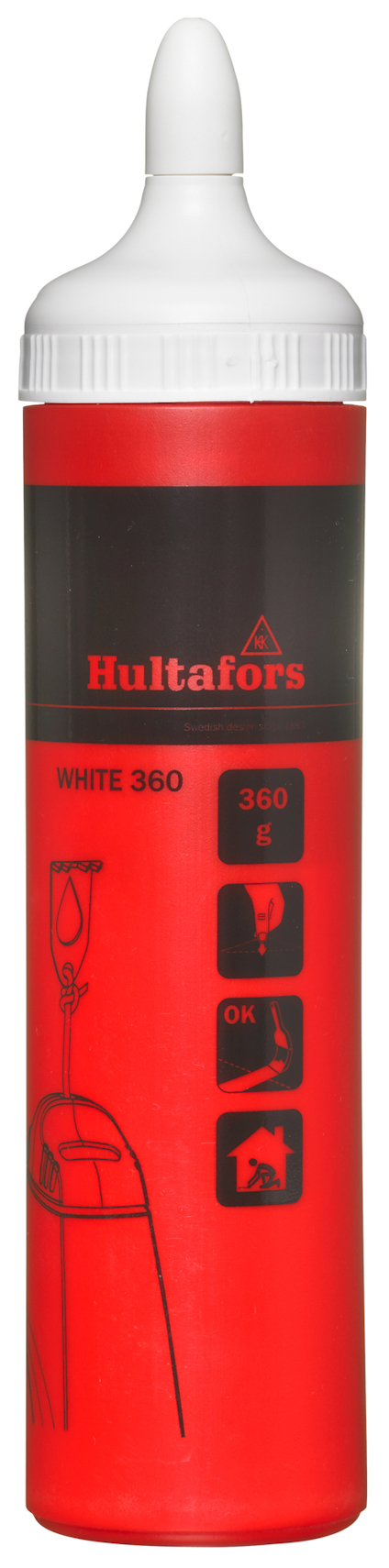 Röd kritflaska med vit kork och texten "Hultafors WHITE 360" med ikoner för olika användningsområden.