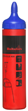 Röd kritflaska med blå kork och svarta detaljer samt text "Hultafors ULTRA BLUE 400" och bilder på sidan.