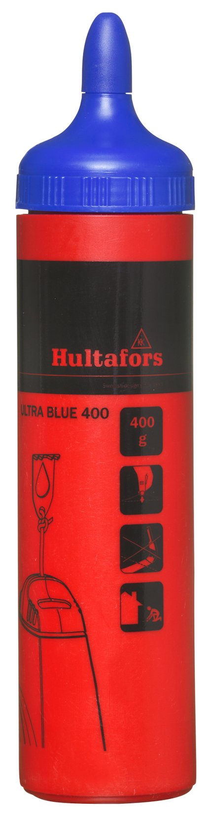 Röd kritflaska med blå kork och svarta detaljer samt text "Hultafors ULTRA BLUE 400" och bilder på sidan.