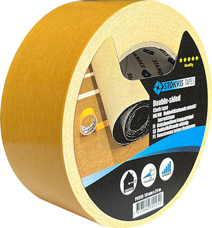 Rund tejprulle med etikett, innehåller text på flera språk. Märket är "STOKVIS TAPES".