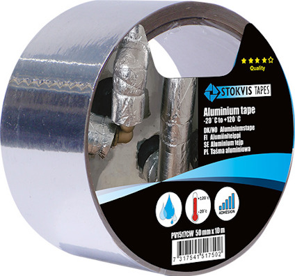 Rund aluminiumstejp med text på engelska, tyska, finska och svenska. För isolering och skydd, med märkning "STOKVIS TAPES".