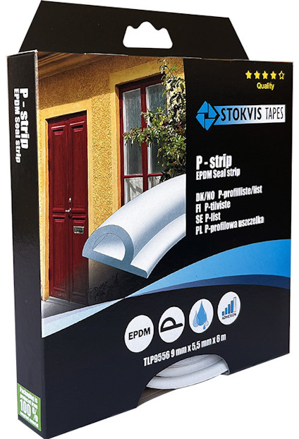 Förpackning för P-profiltätlist i EPDM med illustrationer av användningsområden som fönster, husvagn och båt.