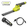 Grön och svart elektrisk häcksax med USB-batteri och laddkabel, märkta med "RYOBI USB Lithium".