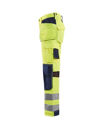 Gula arbetsbyxor med blå detaljer och reflexband på benen, flera fickor.