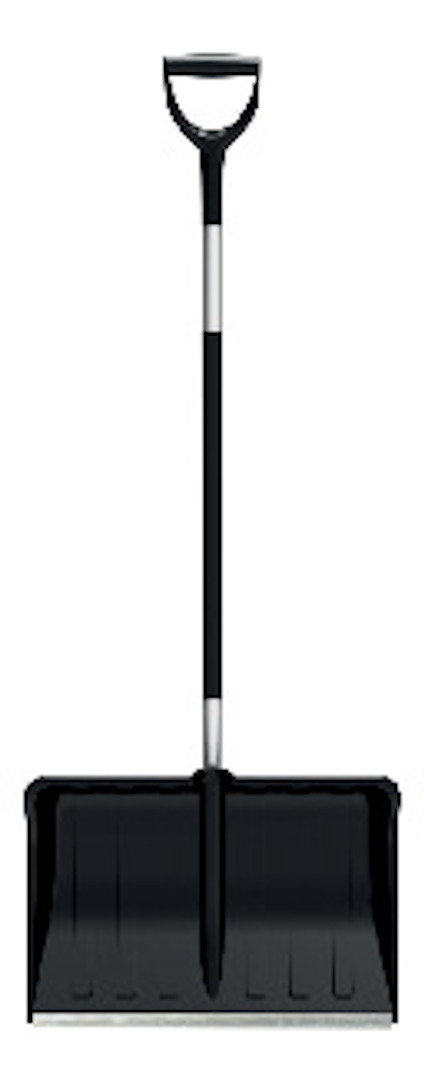 Snöskyffel med svart plastblad och metallhandtag, stående upprätt.