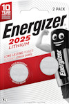 Förpackning av Energizer 2025 litiumbatterier, 3V, 2-pack, med en tecknad batterikaraktär.