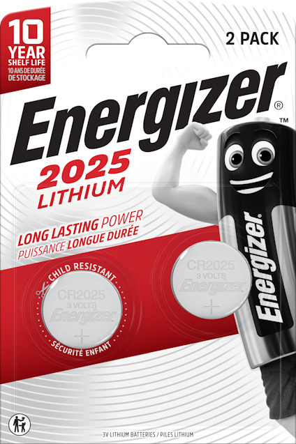 Förpackning av Energizer 2025 litiumbatterier, 3V, 2-pack, med en tecknad batterikaraktär.