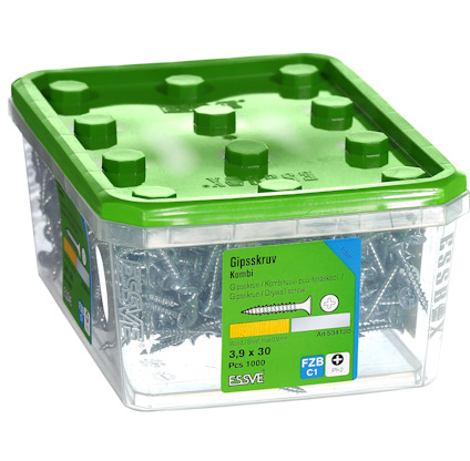 Förpackning med gipsskruv, Essve, 1000 st, storlek 3,9 x 30 mm, lock i grönt, etikett med produktinformation på sidan.