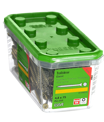 Plastlåda med grönt lock innehållande trallskruv, 4,8 x 75 mm, 250 st. Text på etikett: "Trallskruv Classic".