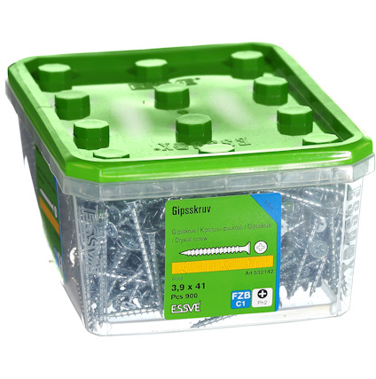 Plastlåda med gipsskruv, grönt lock, 900 st 3,9x41 mm skruvar. Märkt Essve, FZB C1, Ph2.