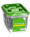 Plastburk med grönt lock innehållande terrasskruv, 5x90 mm, 100 st, märkt "Trallskruv Classic", ESSVE.