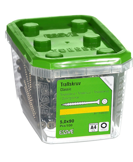 Plastburk med grönt lock innehållande terrasskruv, 5x90 mm, 100 st, märkt "Trallskruv Classic", ESSVE.