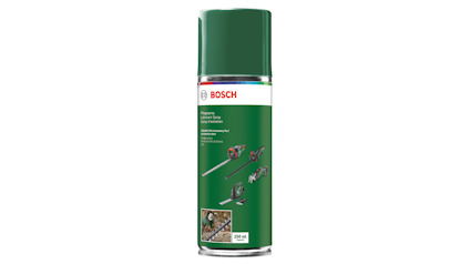 Grön sprayfärg i en Bosch-burk, med verktygsillustrationer och text på etiketten, på vit bakgrund.