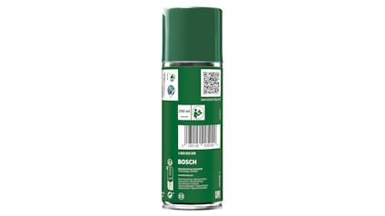 Grön Bosch sprayburk med etiketter, streckkod och QR-kod. 250 ml kapacitet.