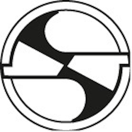 En svartvit grafisk logotyp med cirkulära och triangulära former i ett cirkulärt område.