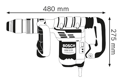 Illustration av Bosch GSH 5 CE Professional borrhammare med måtten 480 mm och 275 mm markerade.