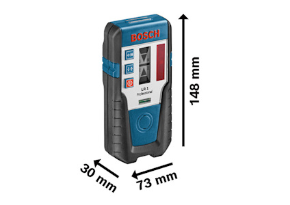 Laseravståndsmätare från Bosch med texten "Bosch" och modellnummer "LR 6 Professional". Mått: 148 x 73 x 30 mm.