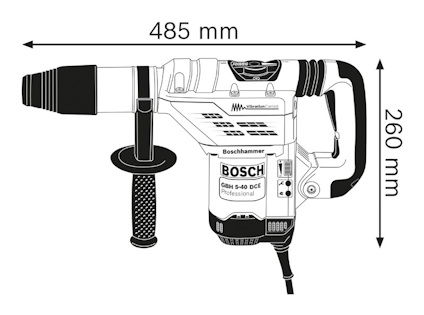 Illustration av en Boschhammare med mått: 485 mm bred och 260 mm hög.