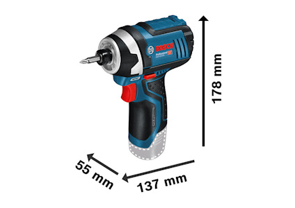 Sladdlös borrmaskin med måtten 178 mm i höjd, 137 mm i längd och 55 mm i bredd, märkt med "Bosch Professional".