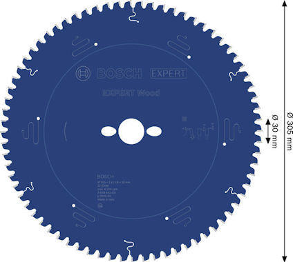 Blå cirkelsågklinga med text "Bosch Expert Wood", diametern är 305 mm och centrumhålet 30 mm.