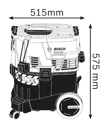 Ritning av Bosch dammsugare med måtten 515 mm x 575 mm och texten "Non-Marking".