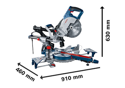 Kap- och geringssåg med måtten 460 mm, 910 mm och 630 mm markerade.