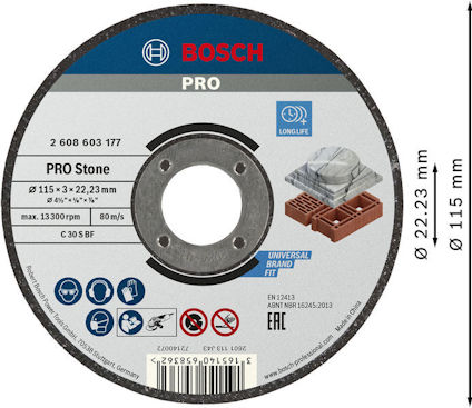 Slipsten från Bosch för sten, diameter 115 mm, tjocklek 3 mm, håldiameter 22,23 mm, max 13,300 rpm, 80 m/s.