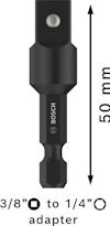 Adapter förlängare 50 mm, svart, med Bosch-logotyp. Text: "3/8” till 1/4” adapter". Pil som visar längd.