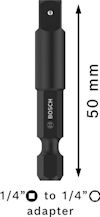 Svart Bosch adapter 1/4" till 1/4", 50 mm lång, med pil som visar längden.
