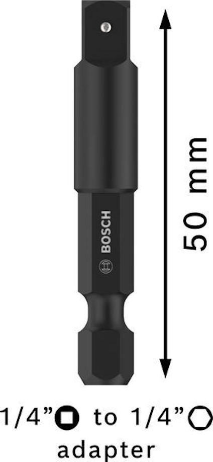 Svart Bosch adapter 1/4" till 1/4", 50 mm lång, med pil som visar längden.