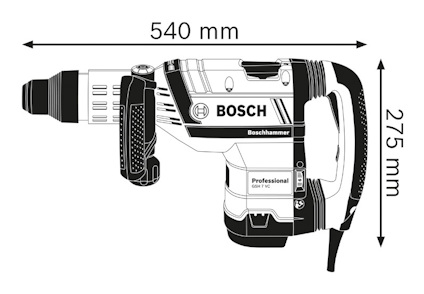 Illustration av en Bosch hammare med måtten 540 mm x 275 mm.