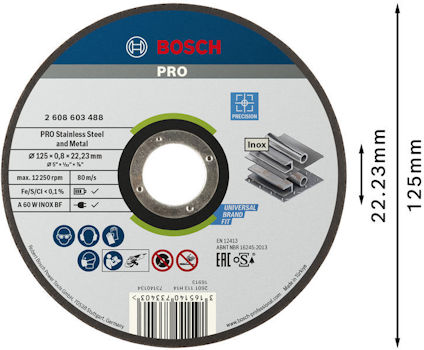 Skiva från Bosch för rostfritt stål och metall, 125 mm x 1 mm. EAN, säkerhetssymboler och teknisk info synliga.