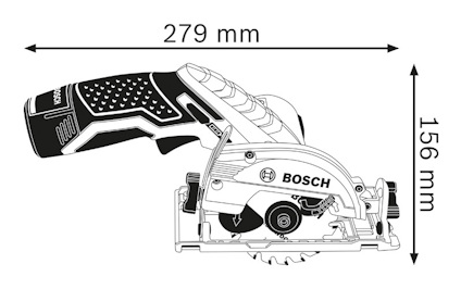Illustration av en Bosch cirkelsåg med handtag; mått: 279 mm x 156 mm.