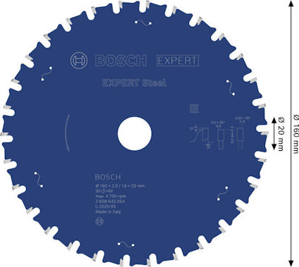 Blå sågklinga med märket Bosch Expert Steel, diametrar 160 mm och 20 mm, max 4700 rpm.