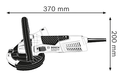 Illustration av en elektrisk vinkelslip från Bosch, mått 370 mm x 200 mm, med handtag och skyddskåpa.