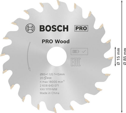 Cirkelsågblad märkt "Bosch PRO Wood", med specifikationer för storlek och maxhastighet. Made in China.