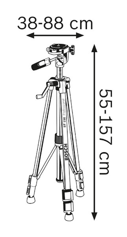 Tecknad stativ med justerbara ben, höjd 55-157 cm, bredd 38-88 cm.