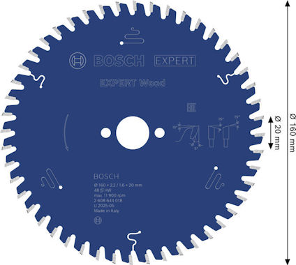Cirkelsågklinga i blått med text "BOSCH EXPERT Wood", diameter 160 mm, 20 mm hål, 48 tänder.