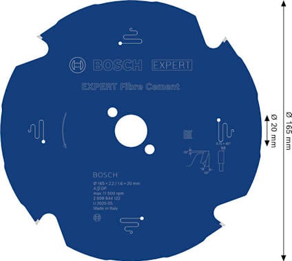 Blått Bosch sågblad för fibercement, med tryckt text och dimensionsmått 165 mm x 20 mm, 4T.
