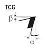 Diagram med TCG, pil markerar vinkel β, ett snedställd skäregg, och vinkel α.