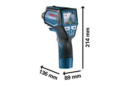 En infraröd termometer av märket Bosch med måtten 136 mm x 89 mm x 214 mm.