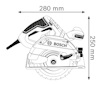 Illustration av en cirkelsåg med mått: 280 mm x 250 mm, märkt "BOSCH".